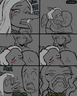 anthro blush blush_lines bodily_fluids bone_frill canon_couple clothed clothed_anthro clothed_female clothed_human clothed_male clothing deep_kiss dialogue dripping eyebrows eyes_closed feathered_wings feathers female frill_(anatomy) grey_background group hair half-closed_eyes hug human_on_anthro humor interspecies long_hair making_out male male/female markings narrowed_eyes open_mouth raised_inner_eyebrows romantic romantic_couple saliva saliva_drip simple_background striped_markings stripes surprised talking_to_another text tongue tongue_out trio walk-in wide_eyed wings eddodoodle cavemanon_studios goodbye_volcano_high ko_op_(game_developer) snoot_game yoshi_and_toad_kissing anon_(snoot_game) fang_(gvh) samantha_(snoot_game) human mammal prehistoric_species pterosaur reptile scalie 4:5 artist_name comic english_text hi_res sketch spot_color daughter_(lore) mother_(lore) mother_and_child_(lore) mother_and_daughter_(lore) parent_(lore) parent_and_child_(lore) parent_and_daughter_(lore)