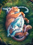 69_position branch duo eyes_closed female feral grass leaf oral outside plant sex sleeping smile tree omega_lioness cougar felid feline mammal pantherine tiger hi_res