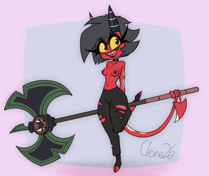 axe black_hair black_lips black_lipstick black_nipples bottomwear breasts choker clothed clothing double_bitted_axe female greataxe hair holding_object holding_weapon horn jewelry lips lipstick makeup markings melee_weapon mole_(marking) necklace nipples one_leg_up pants pointed_tail prehensile_tail raised_leg red_body red_skin small_breasts smile solo spade_tail tail teeth tooth_gap topless torn_bottomwear torn_clothing torn_pants weapon yellow_sclera clone26 hellaverse helluva_boss millie_(helluva_boss) demon demon_humanoid horned_humanoid humanoid imp tailed_humanoid hi_res