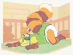 abstract_background ageplay anthro bib big_diaper blue_eyes blush blush_lines brown_body brown_fur clean_diaper clothed clothing diaper fur lying male object_in_mouth on_front onesie orange_body orange_fur pacifier pacifier_in_mouth roleplay solo wearing_diaper white_body white_fur bubblepuppers ailurid mammal red_panda hi_res