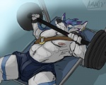 abs amwulf baldric belt biceps black_nose blue_fur blue_hair bodybuilder bodybuilding bulge canine chest_tuft chubby clenched_teeth clothing digimon ear_piercing eyes_closed fangs fur gym hair lying male mammal musclegut muscles navel nipples on_back pecs piercing pose purple_fur shorts solo sport sportist sweat teeth topless tuft weightlifting weights were weregarurumon werewolf white_fur wolf
Rating: Safe
Score: 3
User: confused
Date: March 25, 2013