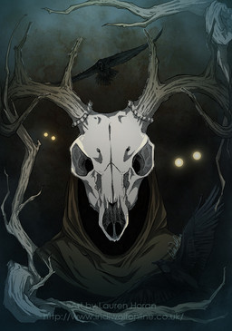 ambiguous_gender anthro antlers bone_face bone_mask forest forest_background glowing glowing_eyes horn mask nature nature_background plant solo tree indiwolf humanoid leshen