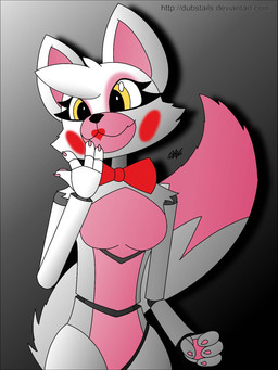 4_fingers anthro bow_tie breasts cheek_tuft claws eyelashes facial_tuft female fingers fur hair lips machine nude pawpads pink_body pink_claws pink_fur pink_inner_ear pink_pawpads smile solo tuft white_body white_fur white_hair yellow_eyes dubstails five_nights_at_freddy's five_nights_at_freddy's_2 scottgames mangle_(fnaf) animatronic canid canine fox mammal robot 2015 hi_res signature