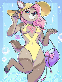 5_fingers anthro blue_eyes bow_ribbon breasts brown_body brown_fur bubble chest_tuft clothing eyelashes female female_anthro fingers front_view fur fur_markings hair handbag happy hat headgear headwear hooves inner_ear_fluff markings medium_breasts multicolored_body multicolored_fur one-piece_swimsuit pink_hair raised_hoof short_tail simple_background solo swimwear tail thigh_gap tuft wide_hips fluffy.linart deer mammal 2025 digital_media_(artwork) hi_res portrait watermark