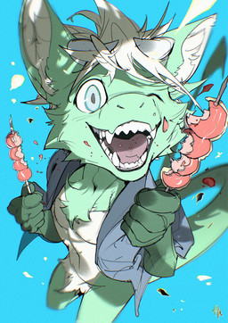 2_horns 5_fingers anthro apple blue_background blue_clothing blue_shirt blue_topwear bottomless candy candy_apple chest_tuft clothed clothing countershade_fur countershade_torso countershading dessert eating eating_food fangs fingers food front_view fruit fur green_body green_fur head_horn holding_food holding_object horn inner_ear_fluff looking_at_viewer male multicolored_body multicolored_fur one_eye_closed open_clothing open_mouth open_shirt open_smile open_topwear plant pupils red_tongue ringed_iris shirt shirt_only simple_background smile smiling_at_viewer snout solo tail tail_tuft teal_eyes teeth tongue tongue_showing topwear topwear_only tuft two_tone_body two_tone_fur white_body white_countershading white_fur white_inner_ear_fluff white_sclera wink winking_at_viewer chiayeeee unknown_species 2025 chromatic_aberration digital_drawing_(artwork) digital_media_(artwork) hi_res portrait signature three-quarter_portrait
