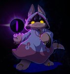 ambiguous_gender anthro cloak clothing digit_ring feet fur furgonomic_headwear furgonomic_hood furgonomics glowing glowing_eyes jewelry magic necklace orb paws ring simple_background smug_grin solo tail tail_clothing tail_sleeve tan_body tan_fur toe_ring toes buneposter made_in_abyss nanachi narehate absurd_res digital_media_(artwork) hi_res