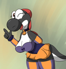 anthro clothing costume female food for_a_head fruit hand_behind_back holidays leaning leaning_forward legwear looking_at_viewer one_eye_closed plant pumpkin pumpkin_head smile smiling_at_viewer solo thigh_highs wink winking_at_viewer rayoshi_(artist) halloween mario_bros meme_clothing nintendo rayoshi object_head yoshi hi_res meme
