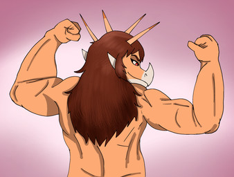 anthro biped brown_hair facial_horn female fingers fist flexing flexing_bicep flexing_both_biceps gradient_background hair head_turned horn humanoid_hands long_hair looking_aside multicolored_body multicolored_scales muscular muscular_anthro muscular_arms muscular_female nude nude_anthro nude_female orange_body orange_scales pose red_eyes scales simple_background smile smirk solo standing tan_body tan_scales two_tone_body two_tone_scales stardust_strix goodbye_volcano_high ko_op_(game_developer) rosa_(gvh) aquilops ceratopsian dinosaur marginocephalian ornithischian prehistoric_species reptile scalie half-length_portrait hi_res portrait shaded