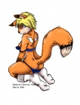 anthro biped blonde_hair blue_eyes breasts butt clothed clothing female hair kneeling looking_back seductive simple_background skimpy solo tail undressing white_background yunicoon alex_(rolandguiscard) canid canine fox mammal