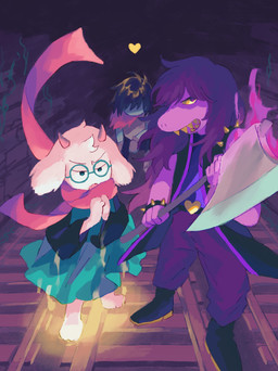 2_horns axe barefoot blue_body blue_skin clothed clothing eyewear feet female fingers fur glasses group hair holding_object holding_weapon horn male melee_weapon pink_body pink_skin plantigrade purple_hair scarf sharp_teeth spikes teeth toes trio weapon white_body white_fur yellow_sclera yellow_teeth urapi11037 deltarune undertale_(series) kris_dreemurr ralsei susie_(deltarune) bovid caprine darkner dinosaur goat human mammal prehistoric_species reptile scalie 2022 digital_media_(artwork) hi_res