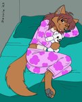 2023 anthro barefoot bed bed_sheet bedding black_nose black_pawpads blep bowman's_wolf brown_body brown_eyes brown_fur brown_hair canid canine canis cheek_tuft claws clothed clothing delisle facial_tuft feet flat_chested florence_ambrose freefall_(webcomic) fur furniture hair hi_res inner_ear_fluff inside looking_at_viewer lying mammal multicolored_body multicolored_fur navel on_bed on_side one_eye_closed pajamas pawpads pillow plushie red_wolf tail teddy_bear toe_claws tongue tongue_out tuft two_tone_body two_tone_fur wink wolf