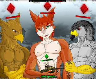 5_fingers abs anthro armored_vehicle beak biceps brown_body brown_fur cannon claws crush destruction extreme_size_difference fingers fur green_eyes group hair macro male muscular muscular_anthro muscular_male nude pecs ranged_weapon size_difference smile tank_(vehicle) teeth text tongue vehicle vehicle_destruction weapon apdc_(artist) mythology aerys apdc carpo corvidius_(character) avian bat bird falcon falconid gryphon human mammal mythological_avian mythological_creature english_text