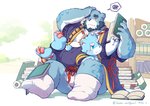 anthro belly black_nose blue_body blue_fur blush book bulge clothed clothing detailed_background duo fur humanoid_hands kemono male overweight overweight_male sitting underwear white_body white_fur wolfsoul bonasiah full_attack sophring_hao sophring_jie bear mammal 2021 hi_res