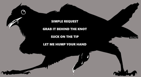 beak bodily_fluids feathers feral genital_fluids genitals male open_beak open_mouth penis precum saliva simple_background solo text einin avian bird corvid oscine passerine english_text