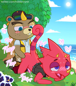 all_fours anal anal_orgasm anal_penetration animal_genitalia animal_penis anthro anthro_on_anthro beach blue_eyes blush bodily_fluids bottomwear bottomwear_down butt clothed clothed_sex clothing cloud cum cum_in_ass cum_inside cum_on_ground cum_while_penetrated cumshot day detailed_background duo ejaculation erection eyewear flower genital_fluids genitals grass half-closed_eyes hand_on_butt hands-free hat headgear headwear heart_symbol island jewelry looking_pleasured male male/male male_penetrated male_penetrating male_penetrating_male narrowed_eyes necklace onomatopoeia open_mouth orgasm outside pants pants_down partially_clothed penetration penis piercing plant purple_eyes raised_tail sand seaside sex smile sound_effects sun sunglasses tail text topwear tree water hiddenrynk animal_crossing nintendo c.j._(animal_crossing) flick_(animal_crossing) beaver lizard mammal reptile rodent scalie 2020 english_text hi_res url