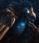 ambiguous_gender armor beak black_body black_feathers blue_eyes detailed_background empty_eyes feathered_wings feathers feral glowing glowing_eyes long_mouth looking_at_viewer night no_sclera outside realistic side_view sky smile solo star starry_sky wings kenket blizzard_entertainment warcraft anzu_the_raven_god avian bird 2015 dark_theme detailed half-length_portrait painting_(artwork) portrait restricted_palette traditional_media_(artwork)