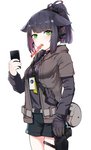 animal_ears black_hair blush bottomwear breasts cat_food cellphone choker clothing ears_down eating eating_food electronics female gloves green_eyes gun hair handgun handwear headgear headphones headset holding_cellphone holding_object holding_phone holding_smartphone holster holstered_pistol id_card id_tag jacket jewelry long_sleeve_shirt looking_at_viewer medium_breasts necklace object_in_mouth pet_food phone pistol pivoted_ears ranged_weapon shirt shorts simple_background smartphone solo topwear weapon white_background kongthegrain arknights hypergryph studio_montagne jessica_(arknights) animal_humanoid cat_humanoid felid felid_humanoid feline feline_humanoid humanoid mammal mammal_humanoid 2020 hi_res