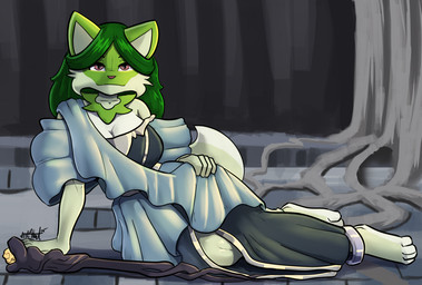 anthro big_breasts breasts butt cleavage clothed clothing cuff_(restraint) curvy_figure dress female fur fur_markings green_body green_fur green_hair hair hand_on_hip hourglass_figure long_hair lounging lying markings on_side pupils relaxed_expression relaxing restraints shackles sitting slit_pupils staff bear213 elden_ring elden_ring_nightreign fromsoftware nightreign nintendo pokemon felid feline generation_9_pokemon mammal pokemon_(species) sprigatito hi_res