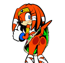 anthro bandage big_butt black_nose blue_eyes blush bottomwear bracelet butt clothed clothing eyelashes female fur genitals gesture gloves green_bottomwear green_clothing green_skirt hand_gesture handwear jewelry looking_at_viewer looking_back looking_back_at_viewer mooning no_underwear one_eye_closed orange_body orange_fur presenting presenting_hindquarters simple_background skirt smile solo tan_body tan_fur thumbs_up topwear upskirt vulva white_background white_clothing white_gloves white_handwear white_topwear wink winking_at_viewer 4chan_anon unknown_artist sega sonic_adventure sonic_the_hedgehog_(series) tikal_the_echidna echidna mammal monotreme