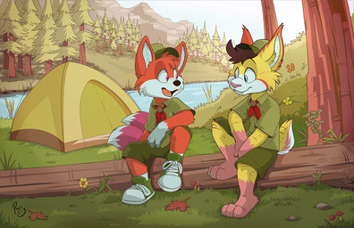 anthro blue_eyes bottomwear cheek_tuft closed_smile clothed clothing duo ear_tuft facial_tuft footwear fur gloves_(marking) grass green_bottomwear green_clothing green_footwear green_shoes green_shorts green_topwear head_tuft leg_markings logo male markings mouth_closed open_mouth open_smile outside pink_body pink_eyes pink_fur plant red_body red_fur scout_uniform shoes shorts sitting sky smile socks_(marking) tent topwear tree tuft water yellow_body yellow_fur young young_anthro young_male pandapaco canid canine felid feline fox lynx mammal artist_logo signature