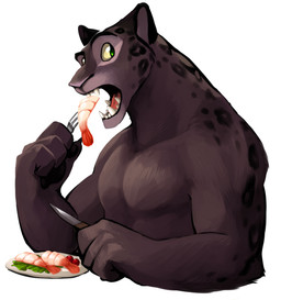3_fingers anthro cutlery eating fingers food fork green_eyes kitchen_utensils knife male melanistic simple_background solo tools chirenbo disney zootopia renato_manchas felid jaguar mammal pantherine 2016