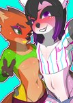 anthro clothed clothing crossdressing duo facial_piercing femboy lips lipstick looking_at_another looking_at_viewer makeup male male/male navel piercing selfie smile smiling_at_viewer bisamon disney zootopia nick_wilde zack_fox canid canine fox mammal absurd_res digital_drawing_(artwork) digital_media_(artwork) hi_res