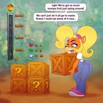 1:1 2020 absurd_res activision anthro bandicoot blonde_hair butt clothing coco_bandicoot crash_bandicoot_(series) crate english_text female food fruit fur hair heart_symbol hi_res mammal marsupial overalls plant solo stunnerpony text wumpa_fruit