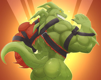 anthro armor biceps big_muscles butt clothing deltoids flexing green_body green_scales male mostly_nude muscular muscular_male raised_tail rear_view scales sharp_teeth solo tail teeth torn_clothing trapezius triceps nic024 epic_games fortnite mythology hybrid_(fortnite) dragon mythological_creature mythological_scalie scalie wingless_dragon hi_res
