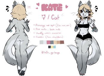 anthro blonde_hair bottomwear bra bracelet butt clothing collar colored_nails facial_piercing female front_view fur grey_body grey_fur hair jewelry lip_piercing long_tail multicolored_body multicolored_fur nails necklace nose_piercing one_eye_closed pawpads paws piercing pink_nails pupils rear_view red_pupils ring shorts smile solo tail text underwear wink h0t-garbage kate_(h0t-garbage) felid feline mammal english_text hi_res model_sheet signature