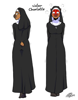 5_toes anthro barefoot black_body blue_eyes blush bodily_fluids breasts brown_body brown_fur christian_cross christian_symbol clothed clothing cross crucifix exposure_variation eyebrows feet female fur hands_behind_back jewelry looking_back looking_down motion_lines multicolored_body necklace nun religion religious_symbol solo standing sweat text toes two_tone_body manyakuma christianity capybara caviid mammal rodent 2023 absurd_res english_text hi_res signature
