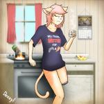 amputee anthro beverage bottomless breasts chips_(food) clothed clothing coffee detailed_background disability female food game_controller_shirt hair missing_leg pink_hair potato_chips shirt solo suggestive t-shirt tired topwear doxxyl lay's mountain_dew capri_(doxxyl) domestic_cat felid feline felis mammal 1:1 2017 hi_res