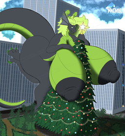 annoyed anthro areola bent_leg big_areola big_breasts big_butt big_nipples black_body black_nipples blue_sky breasts building butt christmas_decorations christmas_lights christmas_tree city city_background claws cloud cloudy_sky curvy_figure digitigrade ear_frill fangs female fluffy fluffy_hair forked_tongue frill_(anatomy) green_body green_breasts green_claws green_eyes green_hair green_horn green_scales green_tongue hair hand_on_breast holding_tree holidays horn huge_areola huge_breasts huge_butt huge_nipples huge_thighs hyper hyper_breasts logo long_hair long_tail macro_female nipples on_one_leg open_mouth plant scales sky solo standing tail teeth thick_tail thick_thighs tongue tree knockedoutdragon christmas european_mythology mythology kaya_(knockedoutdragon) dragon mythological_creature mythological_scalie scalie western_dragon artist_logo hi_res watermark