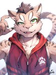 anthro clothing countershading green_eyes hoodie looking_at_viewer male open_mouth red_clothing red_hoodie red_topwear simple_background solo topwear white_background young ponzu_tas nekojishi studio_klondike shu-chi deity felid feline leopard_cat mammal prionailurus 2022 hi_res signature