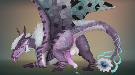after_anal anus balls blue_eyes bodily_fluids butt claws cum cum_in_ass cum_inside feral fur genital_fluids genitals grey_claws horn knot male mane penis perineum pink_anus pink_knot pink_penis purple_body purple_horn purple_scales scales solo ventral_scales white_body white_fur white_mane white_scales svevato mythology supreme_king_hyacinth dragon mythological_creature mythological_scalie scalie hi_res
