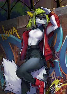 5_fingers anthro belt bottomwear brick_wall clothed clothing crop_top detailed_background female fingers footwear fur graffiti green_hair grey_body grey_fur hair jacket midriff navel open_clothing open_jacket open_topwear shirt shoes shorts solo standing topwear wall_(structure) dragonfu nova_(hikarikurisu) canid canine canis mammal wolf 2022 digital_media_(artwork) hi_res