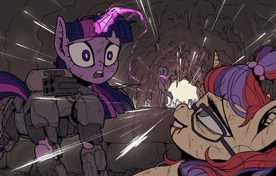 armor blood bodily_fluids bullet cave despair duo eyewear female feral glasses grimdark gunfire hair_strands horn machine power_armor strangling telekinesis jodthecod friendship_is_magic hasbro my_little_pony mythology moondancer_(mlp) twilight_sparkle_(mlp) equid equine mammal mythological_creature mythological_equine unicorn absurd_res hi_res