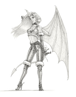 armwear biped boots breasts choker cleavage clothed clothing elbow_gloves female female_humanoid footwear gloves hair handwear high_heeled_boots high_heels horn humanoid_pointy_ears jewelry long_hair membrane_(anatomy) membranous_wings midriff navel necklace pointy_ears shoes solo standing tail veiny_wings wings baron_engel petina_demouse demon humanoid mammal mouse murid murine rodent greyscale hi_res monochrome