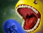 2008 bandai_namco black_eyebrows blue_body blue_eyes blue_tongue bodily_fluids colored duo eyebrows gaping_mouth ghost green_background humor imminent_vore joke looking_at_another male monster mouth_shot nightmare_fuel not_furry open_mouth pac-man pac-man_(series) palate poopbear realistic red_tongue saliva scared simple_background sphere_creature spirit teeth tongue undead uvula what where_is_your_god_now why yellow_body