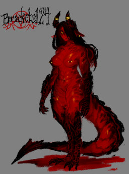 big_tail black_hair breasts claws digitigrade ear_piercing ear_ring facial_piercing facial_scales female hair hair_over_eye horn horn_jewelry horn_ring huge_tail jewelry lip_piercing long_ears long_hair looking_at_viewer monster_girl_(genre) muscular muscular_female navel navel_piercing nipple_piercing nipples nude piercing pointed_tail red_body red_skin ridges ring_(jewelry) ring_piercing scales solo tail toe_claws bracketsxxx jess_(bracketsxxx) demon humanoid clip_studio_paint_(artwork) digital_media_(artwork) hi_res
