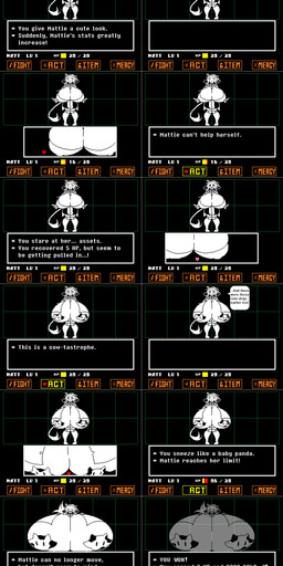 big_breasts breast_expansion breasts censored_by_face cleavage clothed clothing expansion female gameplay_mechanics gui health_bar huge_breasts hyper hyper_breasts looking_at_viewer pasties solo standing text sepiascribe undertale undertale_(series) meushi_mattie_(matsu-sensei) bovid bovine chimera humanoid mammal 2021 absurd_res censored english_text hi_res sequence