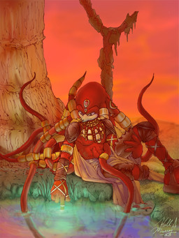 abs accessory anthro armor clothing footwear hair hair_accessory hair_ring jewelry legwear male necklace pauldron pseudo_hair red_body red_hair red_skin ring river sandals shoes sitting solo sunset tentacle_hair tentacles toga wristband emmychidna sega sonic_the_hedgehog_(series) knuckles_the_echidna echidna mammal monotreme 2005 signature
