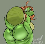 anthro big_breasts big_butt breasts butt double_ponytail eyewear female glasses green_body green_eyes hair huge_butt leg_grab looking_at_viewer looking_back looking_back_at_viewer rear_view red_hair scales shell solo surprise thick_thighs wetwaffls cherry_(wetwaffls) reptile scalie turtle hi_res watermark