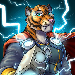 anthro armor big_fangs blue_eyes cape clothed clothing electricity fangs front_view fur lightning looking_at_viewer male male_anthro mouth_closed muscular muscular_anthro muscular_male orange_body orange_fur pattern_background pink_nose red_cape red_clothing simple_background solo teeth whiskers white_body white_fur hufnaar felid mammal pantherine tiger 1:1 2020 bust_portrait dated portrait
