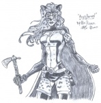 alin_raven anthro anya_derval axe domestic_cat english_text felid feline felis female greyscale holding_object holding_weapon mammal melee_weapon monochrome multi_nipple nipples simple_background solo text tomahawk weapon white_background