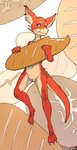 anthro baguette blue_eyes bread captaincob claws countershading female fluffy_ears food genitals hi_res kobold nude pussy red_(captaincob) red_body scales scalie solo