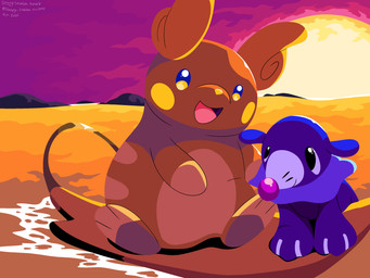 ambiguous_gender anthro black_eyes blue_body blue_eyes detailed_background duo featureless_crotch feral looking_at_another markings open_mouth orange_body paws sea sitting sky smile striped_markings stripes sun sunset tail tongue water whisker_markings sleepy_sealion nintendo pokemon alolan_form alolan_raichu generation_7_pokemon pokemon_(species) popplio regional_form_(pokemon) 2026 4:3 absurd_res dated hi_res signature