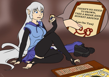 blue_eyes board_game bottomwear breasts card clothing feet female hair hand_feet hoodie legwear prehensile_feet simple_background sitting skirt solo stockings surprised text toes topwear transformation white_hair halcy0n jumanji haplorhine mammal monkey primate 2019 english_text hi_res