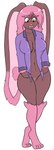 4_toes 5_fingers amber_eyes anthro arm_tuft big_breasts blush bottomless bottomless_anthro bottomless_female breasts brown_body brown_fur clothed clothing embarrassed feet female fingers fur genitals hair hindpaw humanoid_hands long_ears looking_down navel open_clothing open_shirt open_topwear paws pink_hair pink_nose pokemorph pussy shirt sleepwear solo standing toes topwear tuft wrist_tuft skidd nintendo pokemon survival_of_the_fittest tiffany_harkick generation_4_pokemon lopunny pokemon_(species) shiny_pokemon 2016