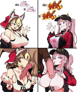 animal_genitalia animal_penis areola balls bestiality big_breasts black_clothing black_hat black_headwear bra breasts brown_body brown_fur brown_hair canine_genitalia canine_penis clothed clothing clothing_lift collar cross dialogue equine_genitalia equine_penis erect_nipples erection fellatio female feral fur fur_coat genitals gesture group hair hand_gesture hat headgear headwear highlights_(coloring) horn horn_hat human_on_feral humanoid_on_feral interspecies jacket kissing knot knot_lick knotted_penis latina licking looking_at_viewer male male/female nipples oral penile penis penis_kissing penis_lick pink_hair pink_nipples ponytail raccoon_ears red_clothing red_hat red_headwear sex shirt shirt_lift simple_background text tongue topwear underwear v_sign vein veiny_penis white_background white_body white_skin youtuber sdamhp beverly_hills_chihuahua beverly_hills_chihuahua_(series) disney hello_x_from_y hololive hololive_en vtuber delgado miko's_trash_can mori_calliope animal_humanoid canid canine canis domestic_dog equid equine german_shepherd herding_dog horse human humanoid mammal pastoral_dog absurd_res colored digital_media_(artwork) hi_res meme spanish_text