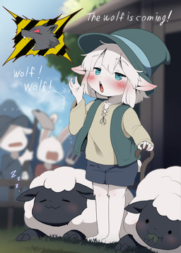 ambiguous_gender anthro barefoot biped blush clothed clothing detailed_background dialogue exclamation_point feet feral fingers green_eyes group hat headgear headwear male open_mouth quadruped standing teeth text tongue young young_anthro young_male dagasi aesop's_fables the_boy_who_cried_wolf bovid caprine mammal sheep 2025 hi_res